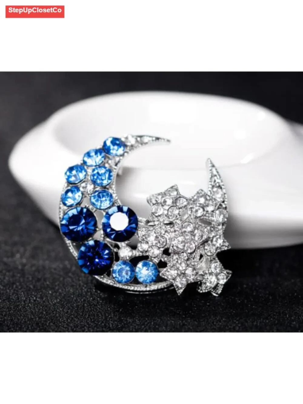 Crystal Moon Star Brooch Pin Sparkle Pearl Lapel Pin Vintage Women Dress Suit